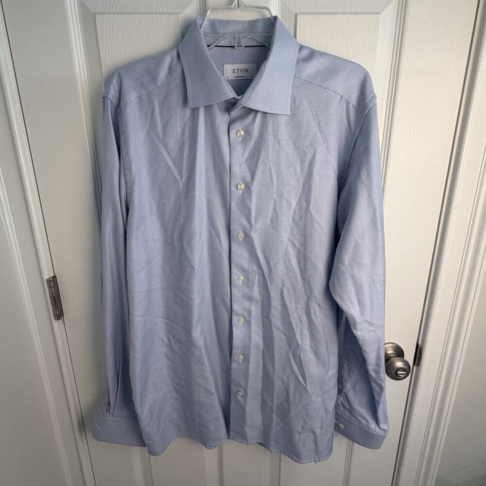 Eton Shirt Mens 17.5 44 Navy Check Long Sleeve Contemporary Fit Cotton Career